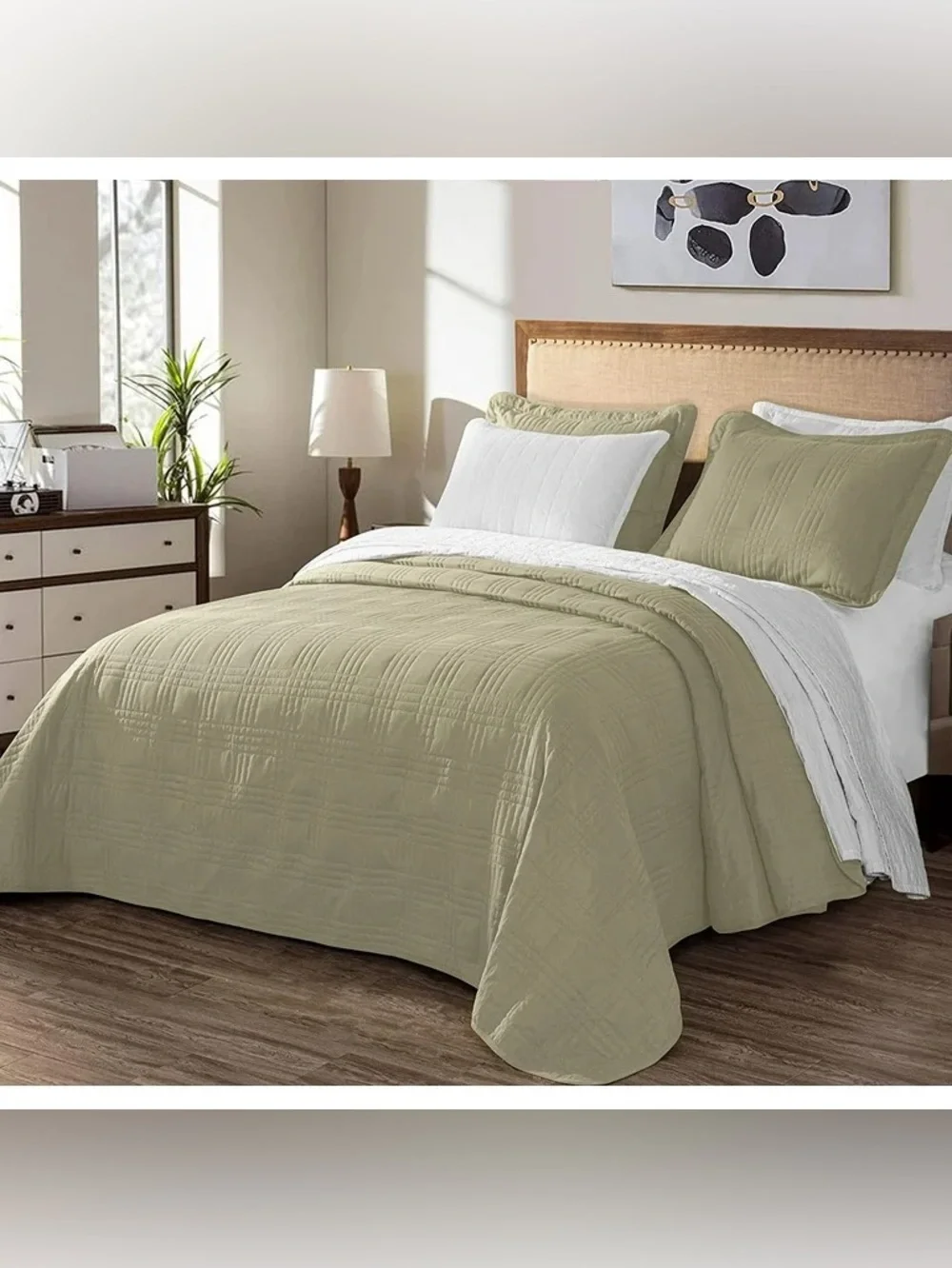 Reversible khaki oversized king 3 piece Quilt Set